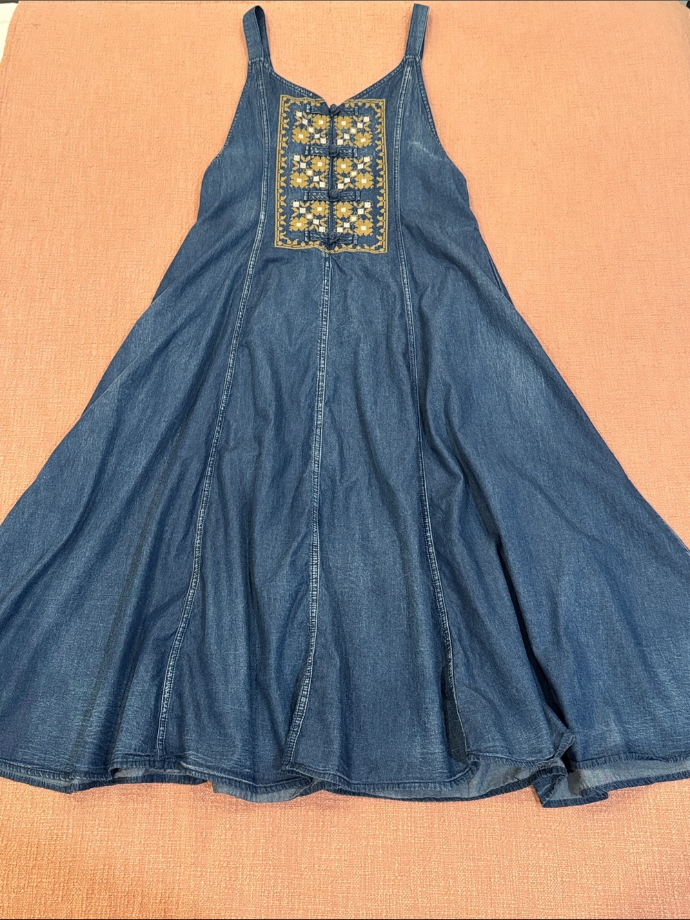 Vintage Blue Denim Maxi Dress with Yellow Embroidered Panel